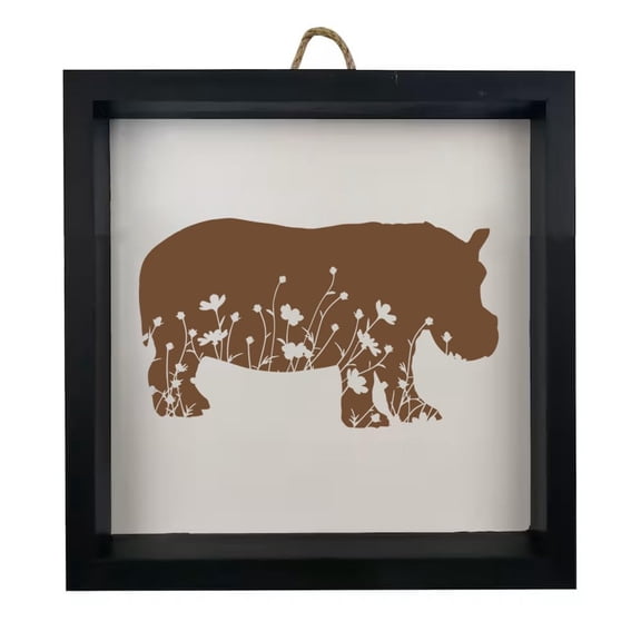 Framed Wood Sign Wall Art Home Desk Decor Gift Floral Hippo Hippopotamus (Black Frame)