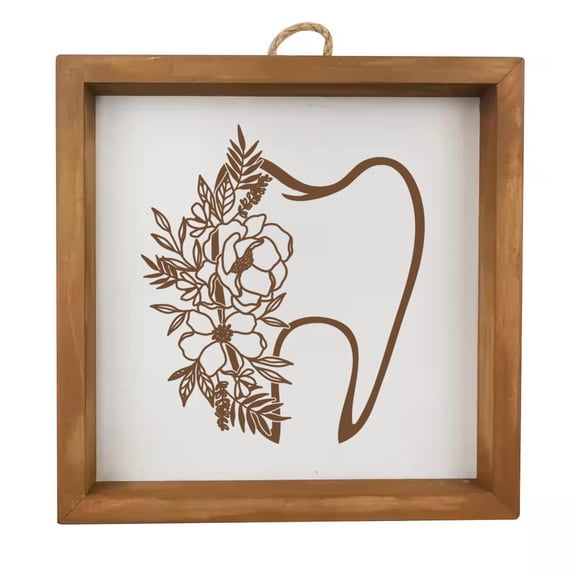 Framed Wood Sign Wall Art Home Desk Decor Gift Floral Tooth Dentist Orthodontist Dental School Student Grad Hygienist Assistant (Brown Frame)