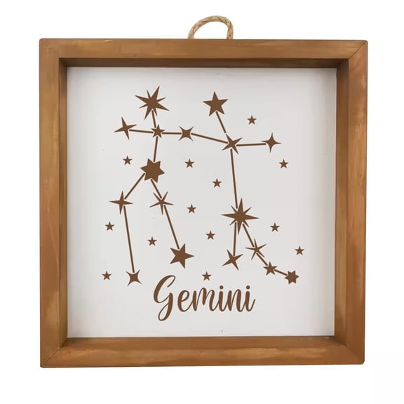 Framed Wood Sign Wall Art Home Desk Decor Gift Gemini Star Zodiac Horoscope Constellation (Brown Frame)