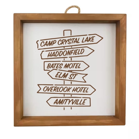 Framed Wood Sign Wall Art Home Desk Decor Gift Horror Movie Street Signs Halloween (Brown Frame)