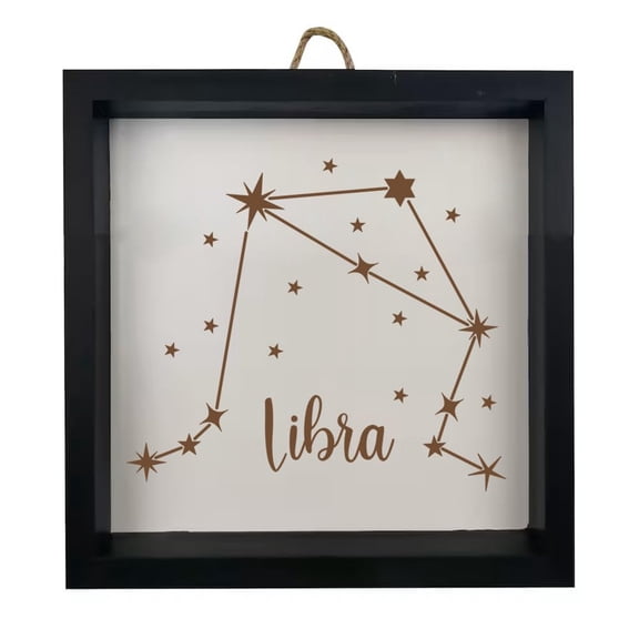 Framed Wood Sign Wall Art Home Desk Decor Gift Libra Star Zodiac Horoscope Constellation (Black Frame)