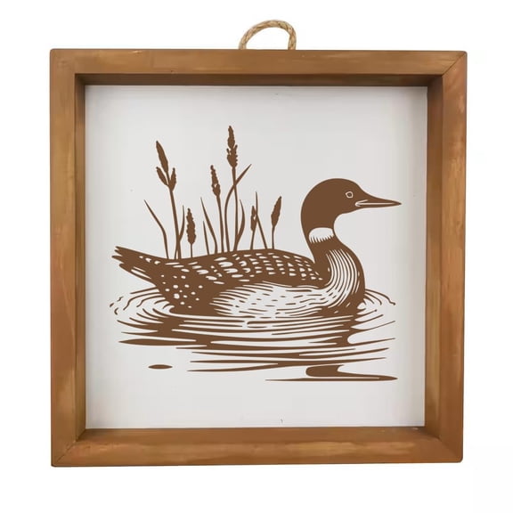 Framed Wood Sign Wall Art Home Desk Decor Gift Loon Swimming In Lake (Brown Frame)
