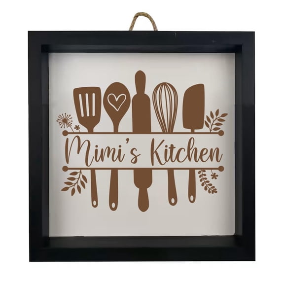 Framed Wood Sign Wall Art Home Desk Decor Gift Mimi's Kitchen Utensils (Black Frame)