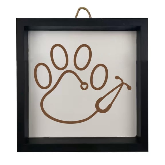 Framed Wood Sign Wall Art Home Desk Decor Gift Paw Stethoscope Veterinary Technician Vet Tech Vet (Black Frame)