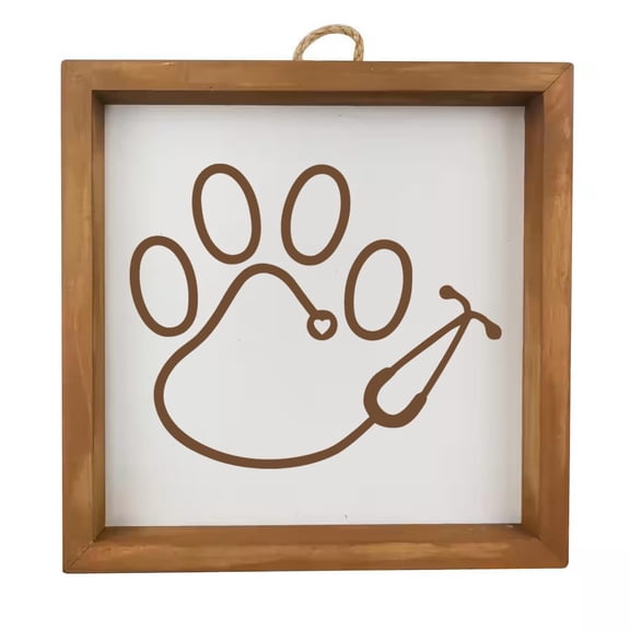 Framed Wood Sign Wall Art Home Desk Decor Gift Paw Stethoscope Veterinary Technician Vet Tech Vet (Brown Frame)