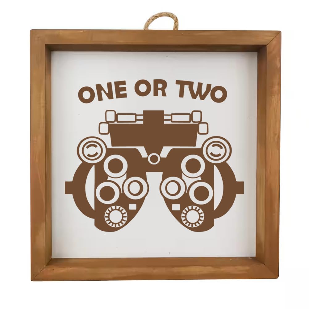 Letrero de Madera con Marco, Decoración de Pared para Hogar y Escritorio, Regalo de Foróptero Uno o Dos, Óptica, Oftalmólogo (Marco Café)