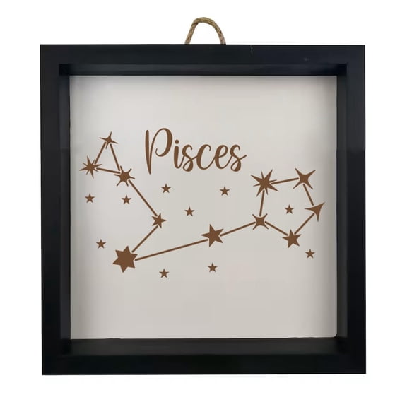 Framed Wood Sign Wall Art Home Desk Decor Gift Pisces Star Zodiac Horoscope Constellation (Black Frame)