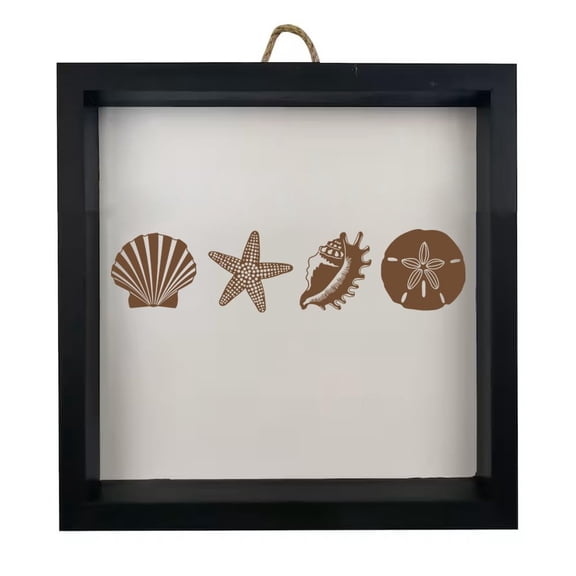 Framed Wood Sign Wall Art Home Desk Decor Gift Sea Shore Beach Shells (Black Frame)