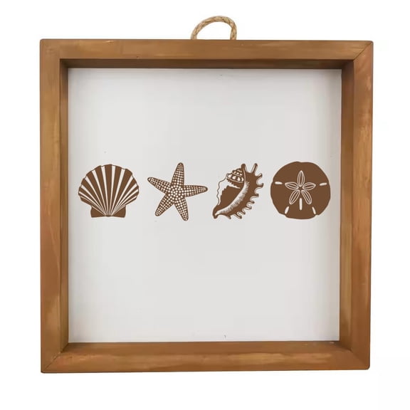 Framed Wood Sign Wall Art Home Desk Decor Gift Sea Shore Beach Shells (Brown Frame)
