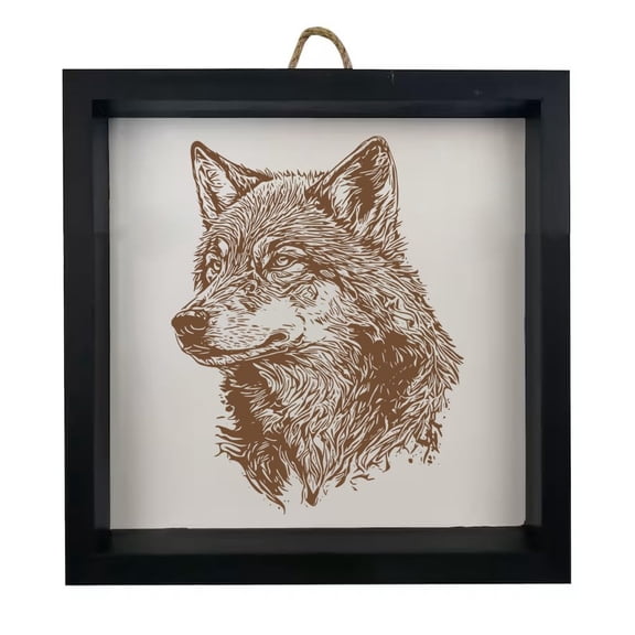 Framed Wood Sign Wall Art Home Desk Decor Gift Wolf Head (Black Frame)