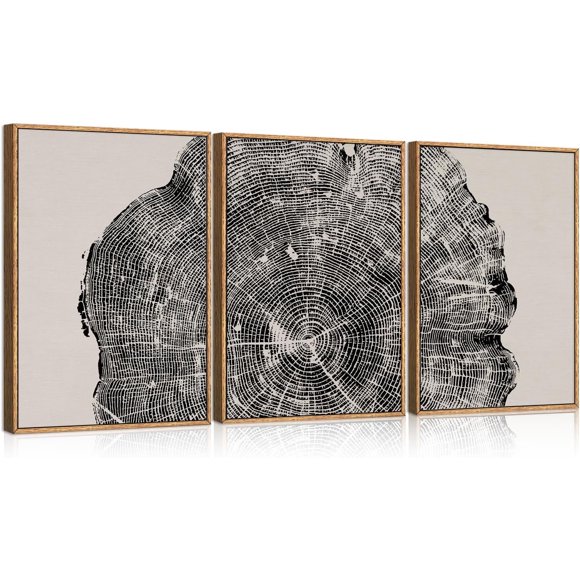 Framed Wood Tree Rings Wall Art Set, 16x24in Black and White Canvas Art Wall Decor, Abstract Nature Wall Pictures Prints, Modern Paintings Wall Art for Living Room, Bedroom, Farmhouse(3Pcs)