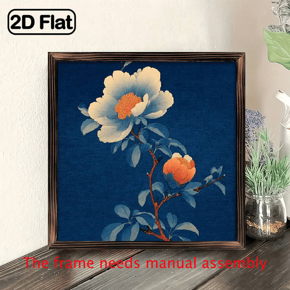 Framed Woodblock Art Mural in 2D Featuring a Blue Flower Blossom Print by Katsushika Hokusai, Designed in Japandi Style with a Vibrant Navy Background.