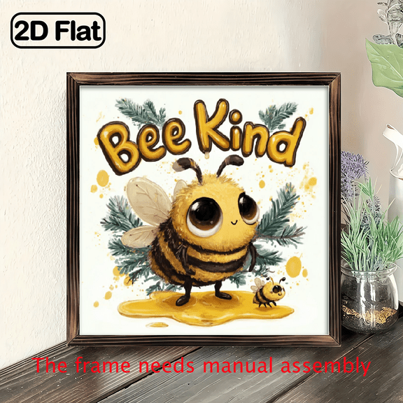 Framed Wooden Sign - Charming Farmhouse Wall Art with Whimsical Cartoon Bee Design, Perfect for Home, Office, or Cafe Decor, Ideal Gift for Holidays, 8x8 Inch, Cafe Wall Decor Cartoon Style