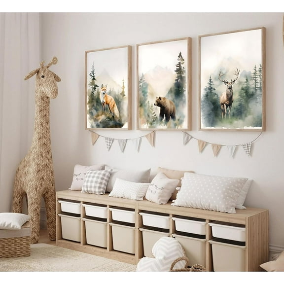 Framed Woodland Nursery Canvas Wall Hieng Animals Wall Decor Forest Prints Posters Deer Bear Fox Watercolor Pictures Paintings for Boys Room Girls Room