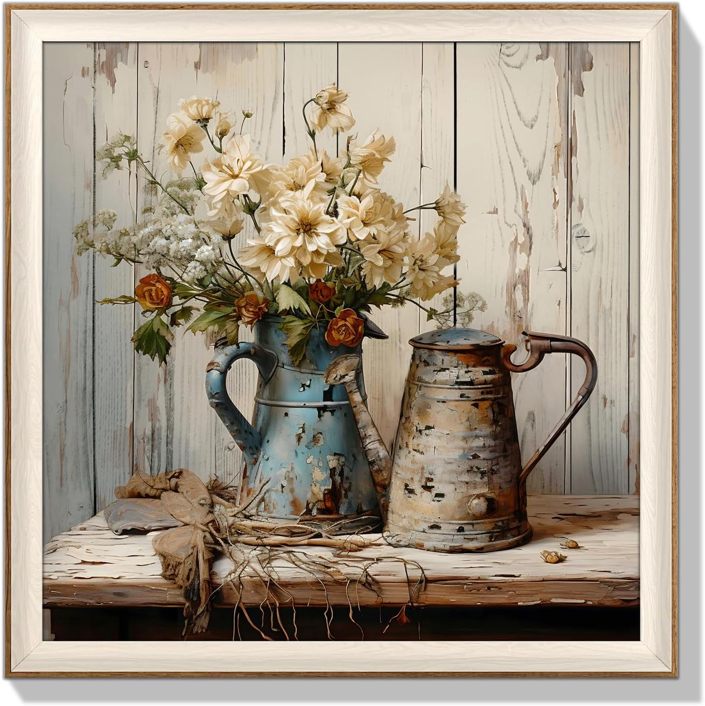Framed canvas wall ,vintage rustic wall decor，flower pictures 20x20 in ...