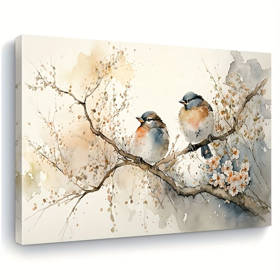 Framed colorful abstract birds and blooming tree watercolor canvas art, framed wall decoration, suitable for living room, bedroom, office.