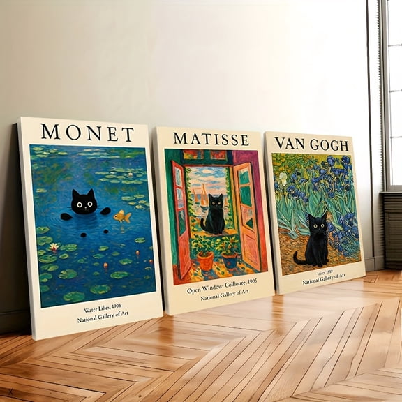 Framed set of 3 wood framed canvas artworks, famous artists Van Gogh, Matisse, Monet classic black cat creative prints, bedroom wall decor, plant wall decoration, home office perfect gift,