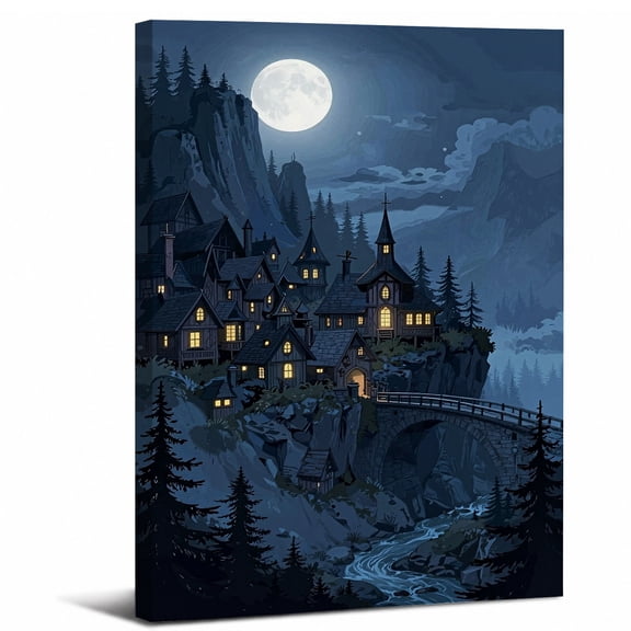 FramedFantasy Mountain Canvas Wall Art,Full Moon Night Gothic Town abstract canvas print for bathroom bedroom living room decor,16x24in
