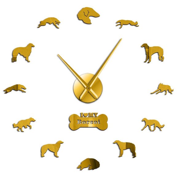 Frameless Borzoi Dog Long Hands DIY Wall Clock Quartz Clock Battery Operated Russian Wolfhound Canine Portrait For Dog Lovers(Gold,27inch)