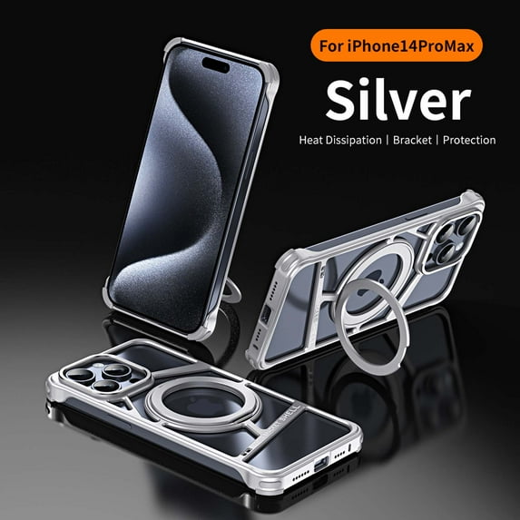Frameless Bumper Case for iPhone 14 Pro Max Case, Metal Kickstand 360° Rotatable Magnetic Stand, Minimalist Metal Bumper Protective, Bezel Less Slim Shockproof Anti-fall + Easy Fit,Silver