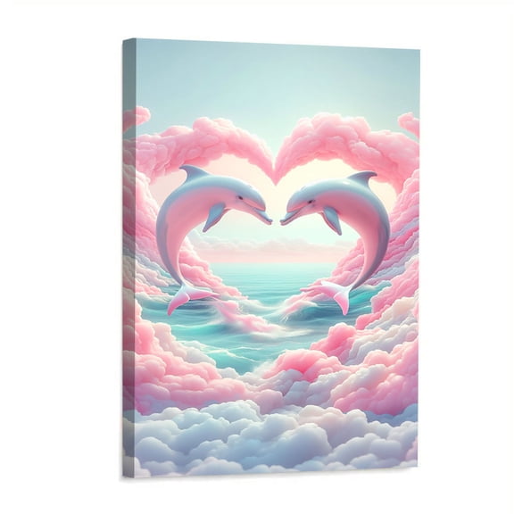 Frameless Canvas Painting - Soft Pink Blue Heart-Shaped Dolphin and Dreamy Sky, Romantic Marine Life Wall Decoration, Soft Pink Blue Tone, Framed Poster Print, Pink Clouds and Heart-Shaped Dolphin