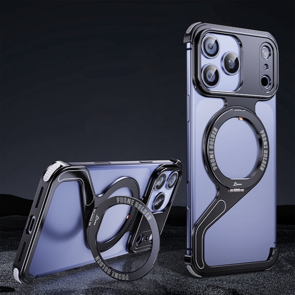 Frameless Case For iPhone 13, Luxury Aluminum Bumper with Hidden Magnetic Ring Holder, Minimalist Heat Dissipation Backless Cover Military Grade Shockproof Protective Case, Black