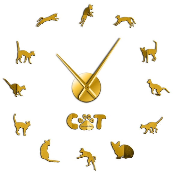 Frameless Cornish Rex Cat Breed 3D DIY Wall Clock Kitty Animals Acrylic Mirror Effect Wall Sticker Kit Decoration Clock Watch(Gold,27inch)