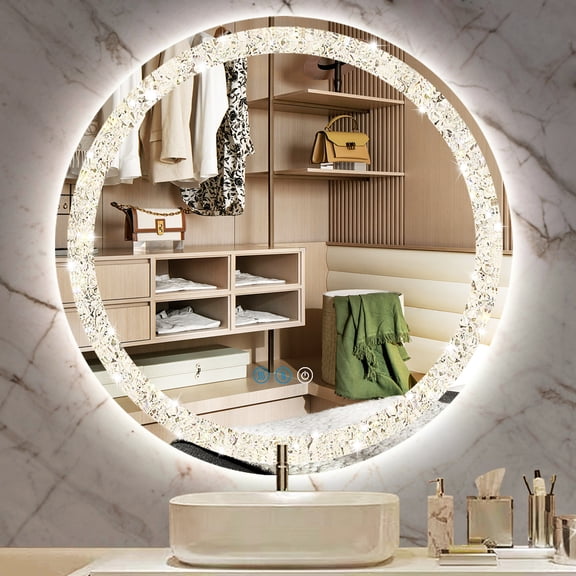 Frameless Crystal LED Circle 24" Mirror with Lights 3 Color Smart Memory Adjustable Brightness Frontlit AntiFog 24 Diamond Crystal Round Home Decor for Vanity Bedroom Entryway