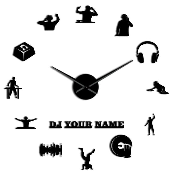 Frameless DJ And Clubber 3D DIY Giant Wall Clock Customized DJ Your Name Fashion Home Music Party Decoration Acrylic Clock Watch(Black,27inch)