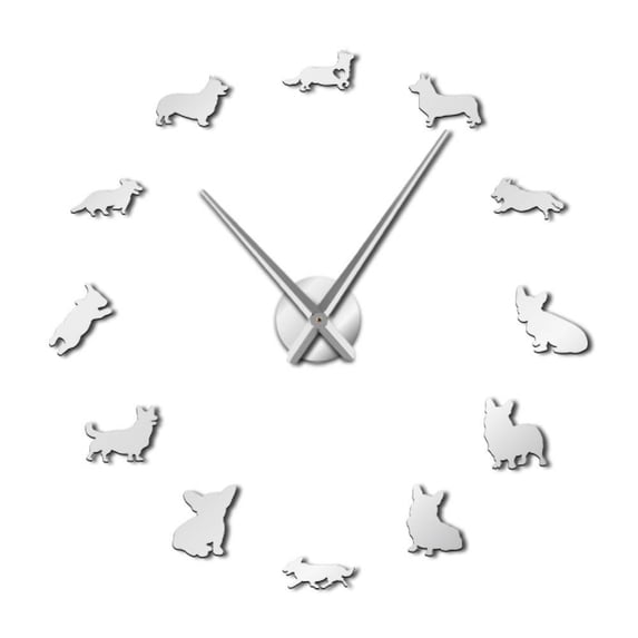 Frameless English Welsh Corgi 3D DIY Wall Clock Mirror Surface Puppy Dog Breeds Wall Art Pet Shop Decor Quiet Sweep Clock Watch(Silver,27inch)