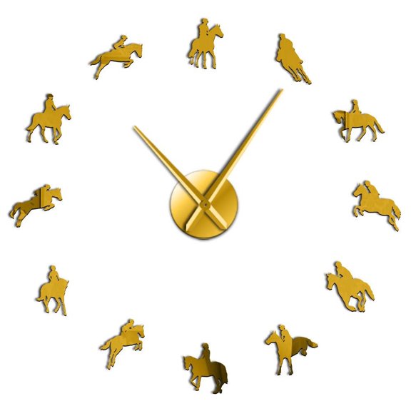 Frameless Equestrian 3D DIY Wall Clock Modern Sports Horse Race Acrylic Mirror Surface Clock Watch Horse Riding Creative Show(Gold,27inch)