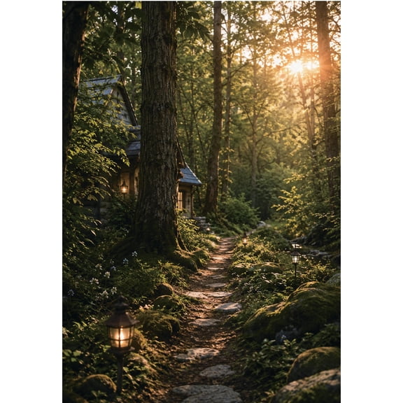 Frameless Forest Cottage Sunset Canvas Wall Art, HD Print Enchanted Path Landscape, Ready to Hang Home Decor,15.7x23.6 Inch