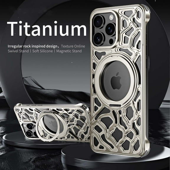 Frameless Heat Dissipation for iPhone 15 Case with Rotating Ring Kickstand, Irregular Rocks Shape Designing Back Metal Slim Shockproof Thin Case with Ring Stand Magnetic Cover,Titanium