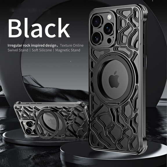 Frameless Heat Dissipation for iPhone 16 Pro Max Case with Rotating Ring Kickstand, Irregular Rocks Shape Designing Back Metal Slim Shockproof Thin Case with Ring Stand Magnetic Cover,Black