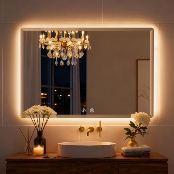 Frameless LED Bathroom Mirror with Anti-Fog, Dimmable Lighting, Memory Function, Wall Mounted, Rectangular