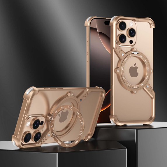 Frameless Magnetic Case for iPhone 14 Pro Max with Stand, Compatible with MagSafe, Ring Kickstand Bezel Less Minimalist Heat Dissipation Slim Shockproof Metal Bumper Case - Gold