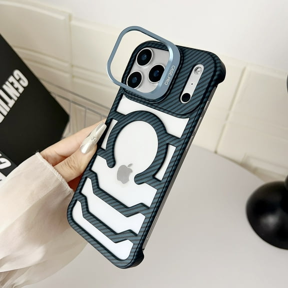 Frameless Magnetic Case for iPhone 17 Pro Max with Stand [Compatible with Mag-Safe] [ Lens Kickstand] Rugged PC Carbon Fiber Texture Heat Dissipation Slim Shockproof Phone Cover, Royalblue