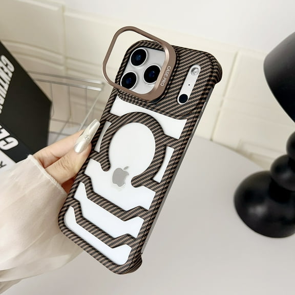 Frameless Magnetic Case for iPhone 17 Pro with Stand [Compatible with Mag-Safe] [ Lens Kickstand] Rugged PC Carbon Fiber Texture Heat Dissipation Slim Shockproof Phone Cover, Desertgold