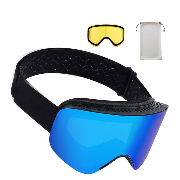 Frameless Magnetic Cylindrical Ski Goggles Dark Blue Revo Lens, OTG Anti-Fog Ventilated TPU Frame for Skiing, Skating & Snowboarding