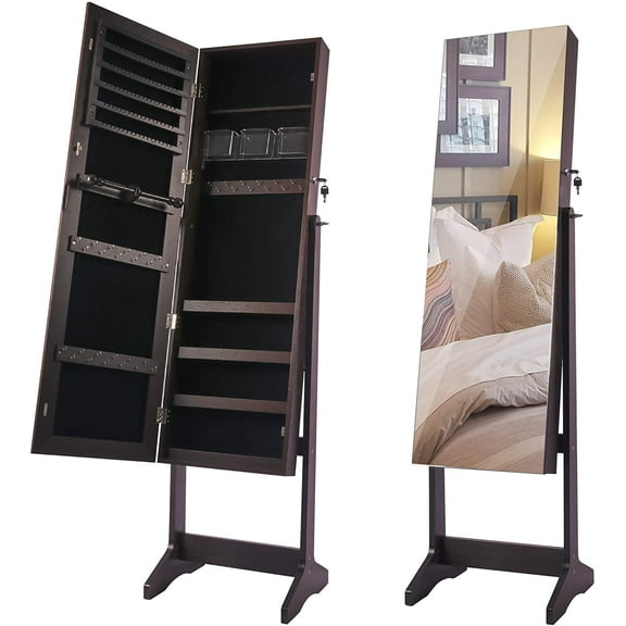 Frameless Mirror Jewelry Armoire with Lockable Cabinet, Brown by Casavida