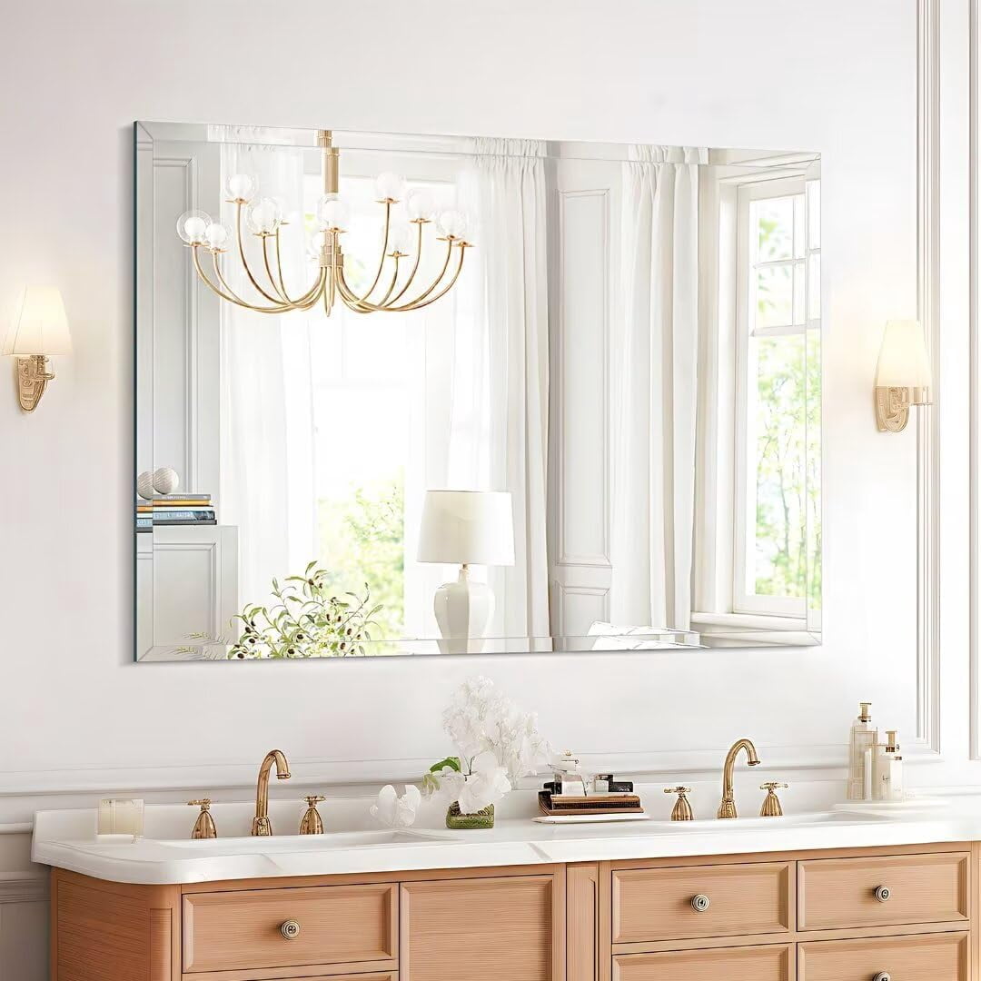 Frameless Mirror, Rectangle Wall-Mounted Beveled Polished Edge Bathroom ...