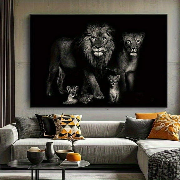 Frameless Modern Abstract Lion Canvas Wall Art - Black and White Lion Family Portrait, 3 Animal Artwork, Living Room Bedroom Decoration, High-Quality Canvas Print, Exquisite Style