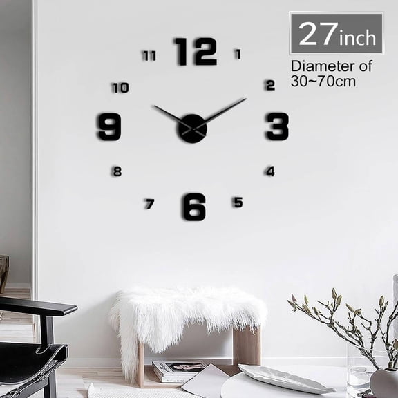 Frameless Modern Arabic Numerals DIY Wall Art Clock Personalized 3D With Mirror Effect Numbers Stickers Clock Watch Quiet Sweep(Black,27inch)