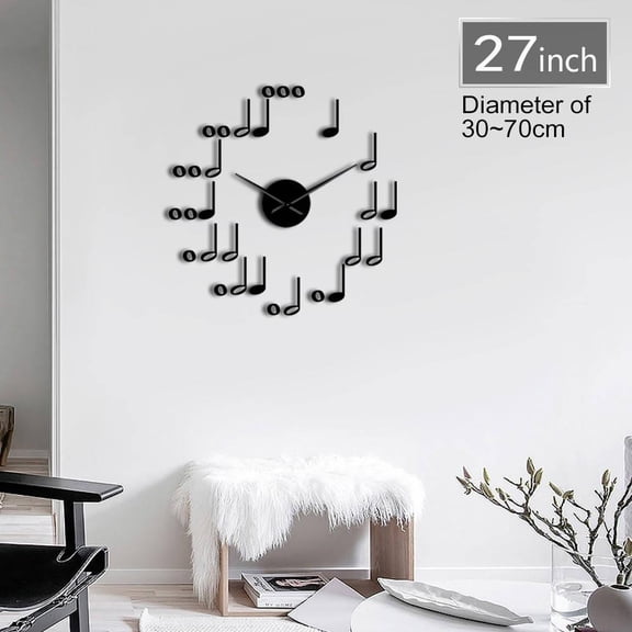 Frameless Music Notes 3D Acrylic Simple DIY Wall Clock Modern Design Musical Theme Wall Art Decor Self Adhesive Clock Watch(Black,27inch)