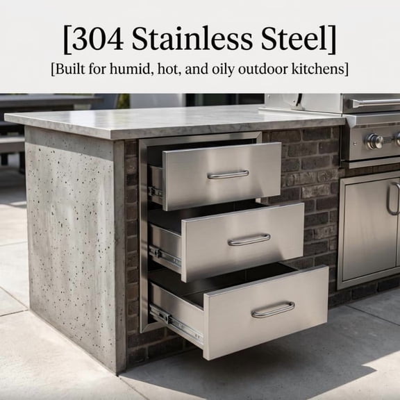 Frameless Outdoor Kitchen Drawers, 18 inch Heavy Duty 3-Tier BBQ Storage Drawers with High Load Rails for Backyard Grill Island