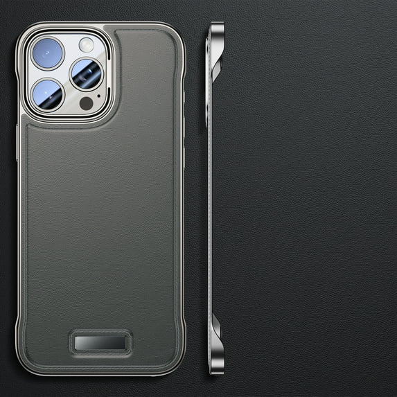 Frameless Phone Case for iPhone 14 Pro Max Ultra-Thin Case, Luxury Plain PU Leather Borderless Design, Camera Lens Protection Corners Shockproof Hard PC Cover for iPhone 14 Pro Max, Gray