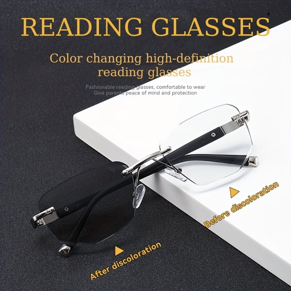 Frameless Photochromic Reading Glasses, Adjustable Metal Design, No Vision Obstruction, Multifunctional Eyeglasses for Driving & Computer Use, Unisex