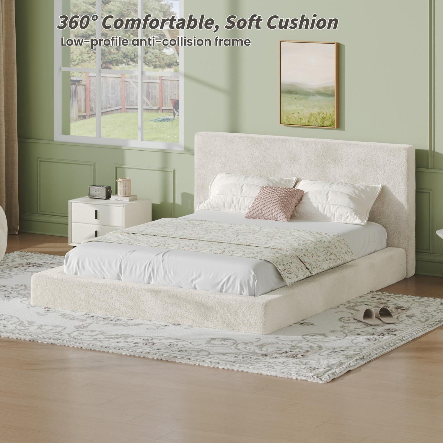 Frameless Queen Bed Surround with Cloud Sponge Cushion, 8.7 Inch Soft Anti-Collision Bed Edge, Upholstered Bed Frame Wrap for All Ages, Bedroom, Off-White