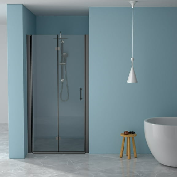 Frameless Shower Door 32"W x 72"H Fold Frameless Shower Door with Tempered Glass, Matte Black,Sliding Shower Door