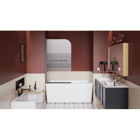 Frameless Shower Door 32.in W x 55.in H Shower Door Bathtub, 1/4 inch Thick Bohemian PatternTempered Glass Shower Door with Stainless Steel Handle, Black,Sliding Shower Door